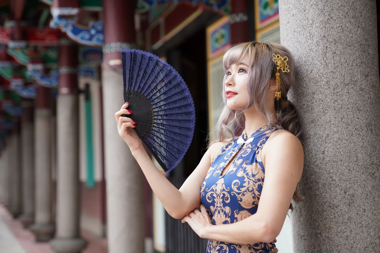 [Mzsock] NO.149 Xue Kaiyun blue flower short cheongsam with high heels and beautiful legs street photography#[105P]-69